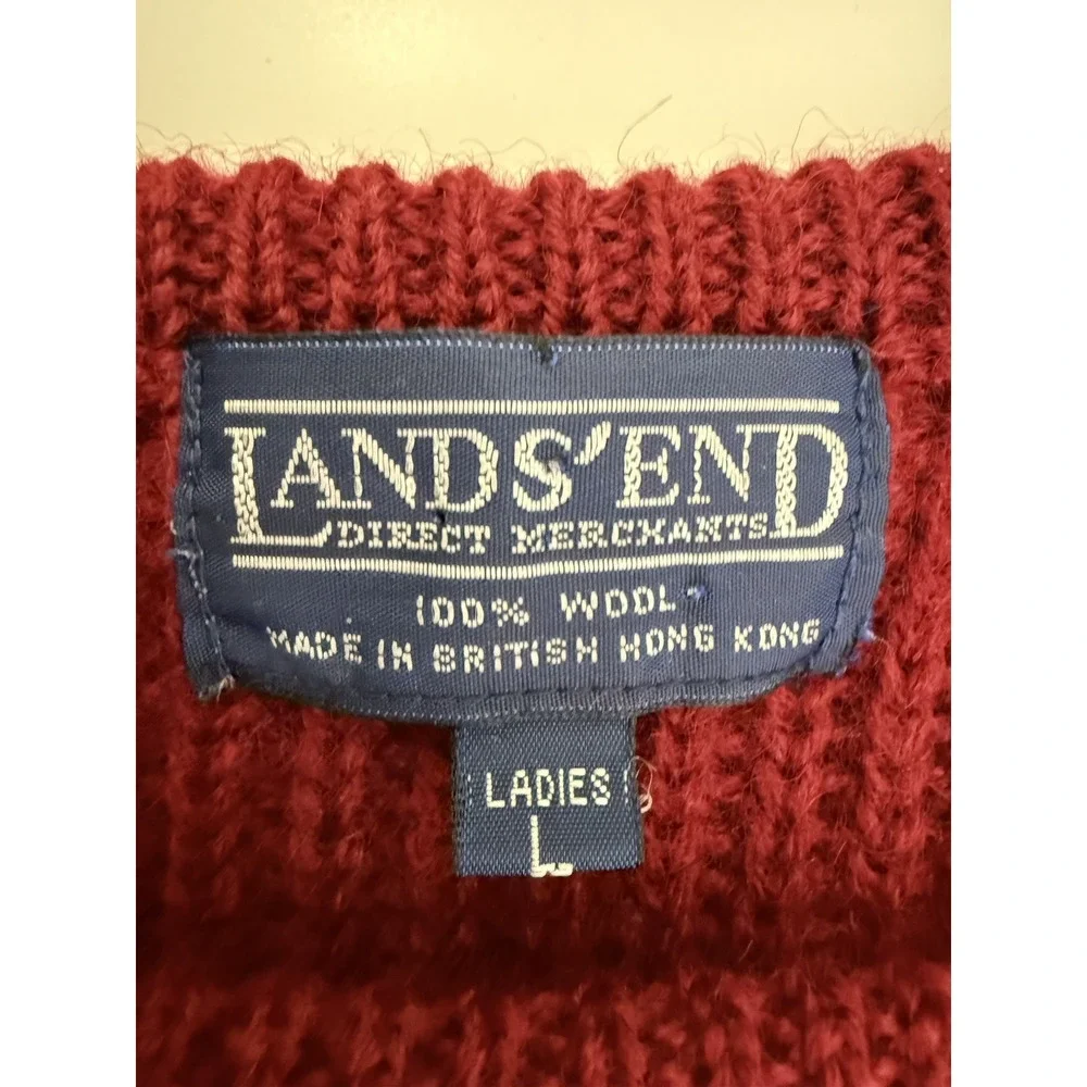 Lands End Size L Fishermans Sweater Red Wool womens Heavy Knit Vintage Lands'
